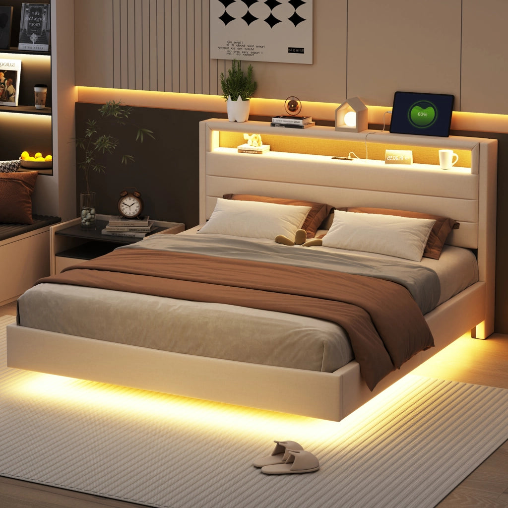 DESMIU Letto matrimoniale 160 × 200 cm con USB, LED regolabile, testiera reversibile e vano, senza materasso, beige