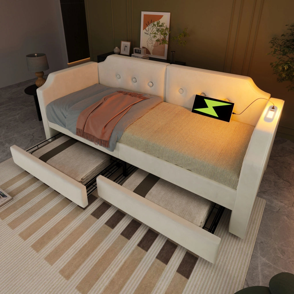 Letto imbottito 90x200 cm con cassetti, luce da lettura e USB Type-C