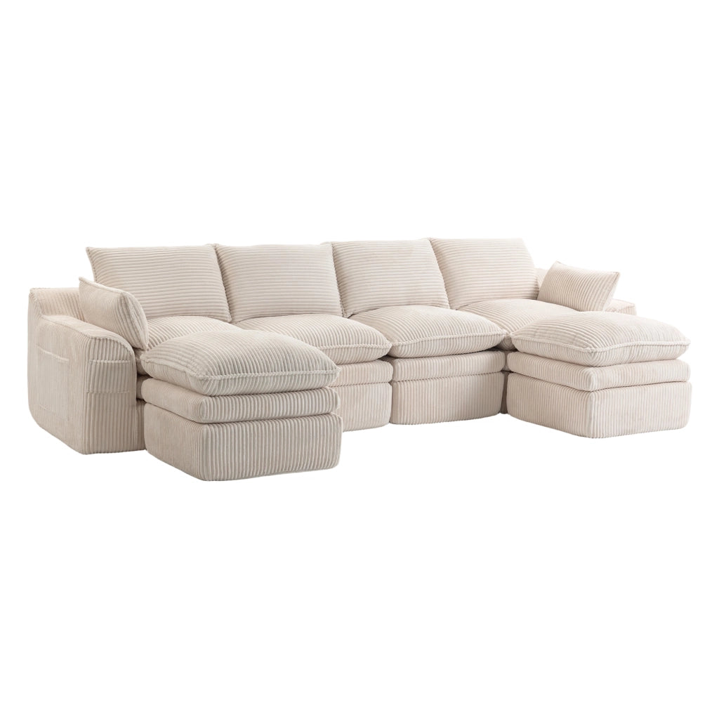 Divano Modulare 4 Posti con 2 Pouf ¨C MINIMAL ¨C Tessuto Beige, Cuscini, Tasche Laterali