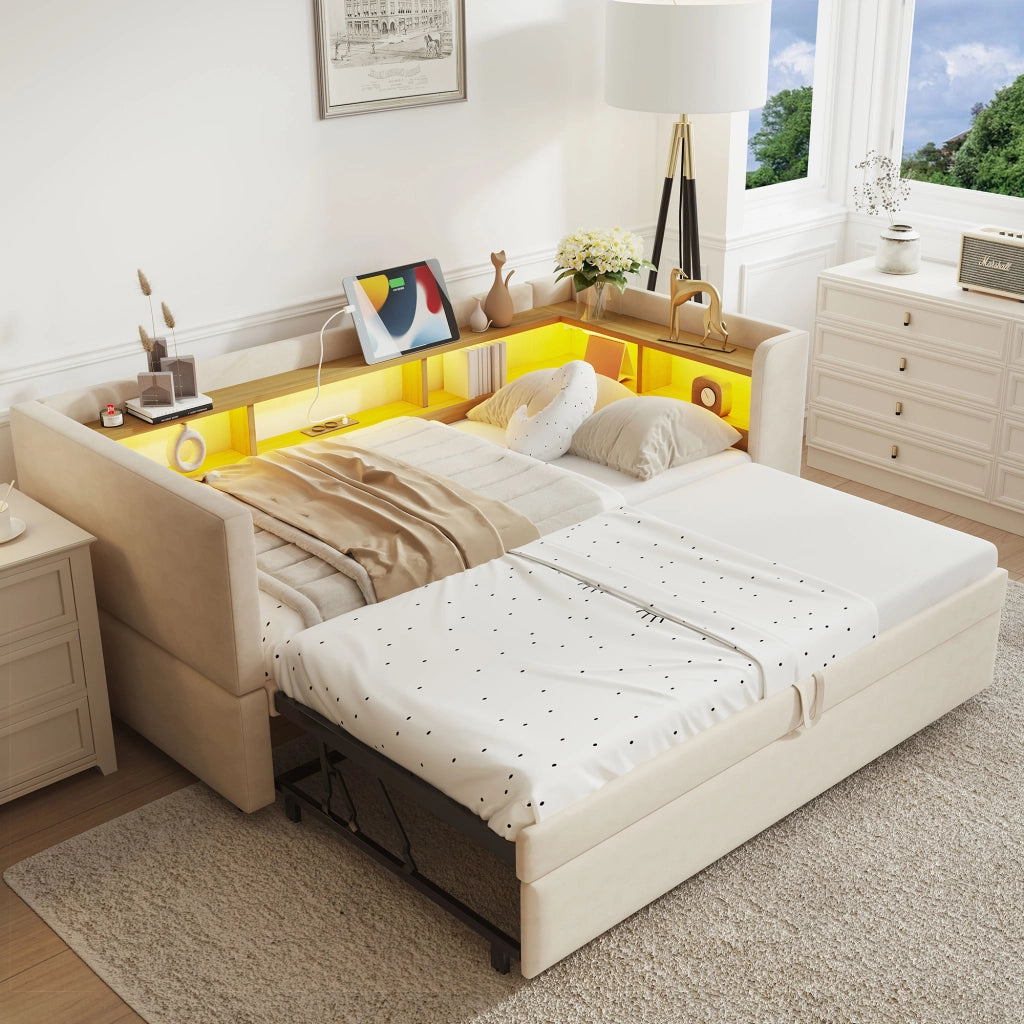 OKWISH Letto Divano Estraibile 90×190 cm e 180×190 cm, Letto Singolo con LED Regolabile, Prese e Scomparti, senza Materasso, Beige