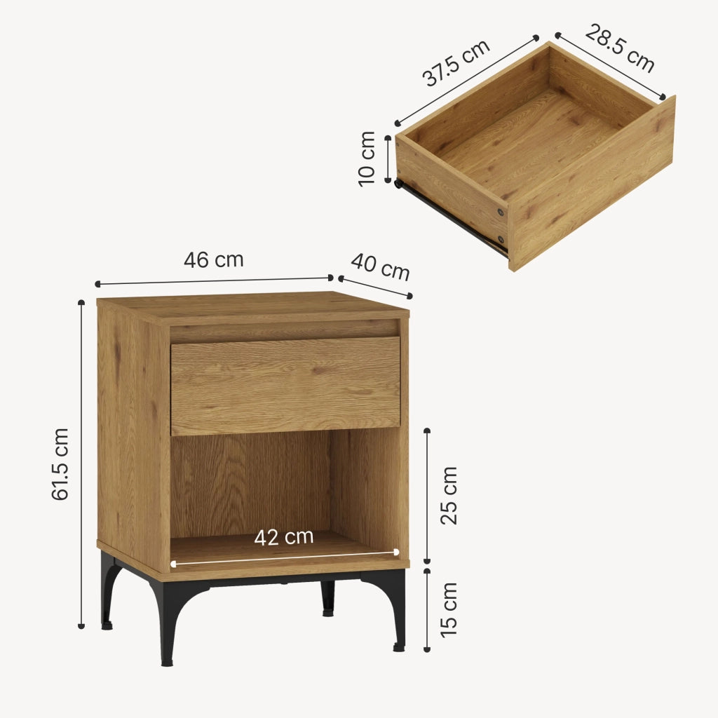 Tavolino Laterale Kistiandi Comodino con Cassetto 62 x 46 x 40 cm - Effetto Rovere Scuro [en.casa]