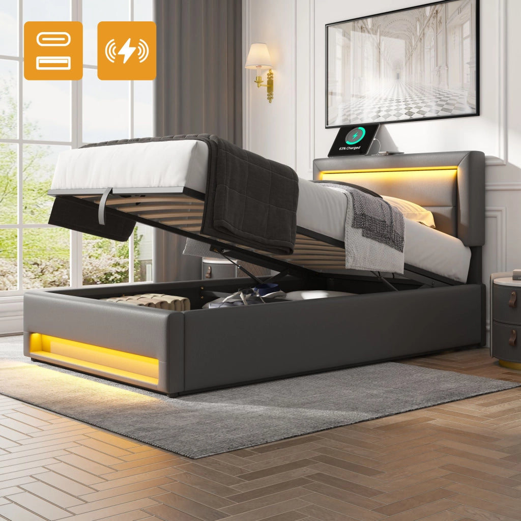 LETTO Imbottito 160x190 cm PU Grigio con USB, LED e contenitore
