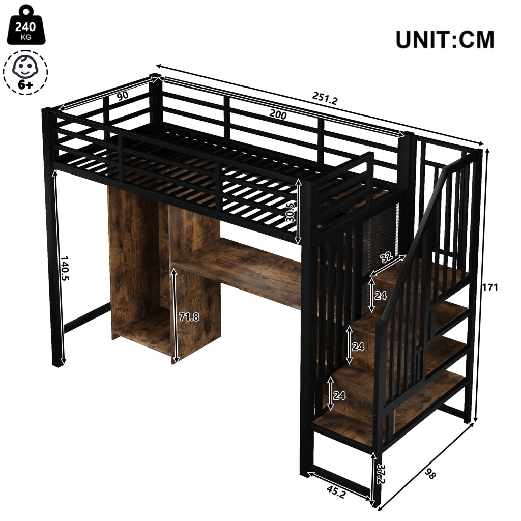 Letto a soppalco singolo 90×200 cm con armadio; scrivania e ripiani; senza materasso; metallo; nero