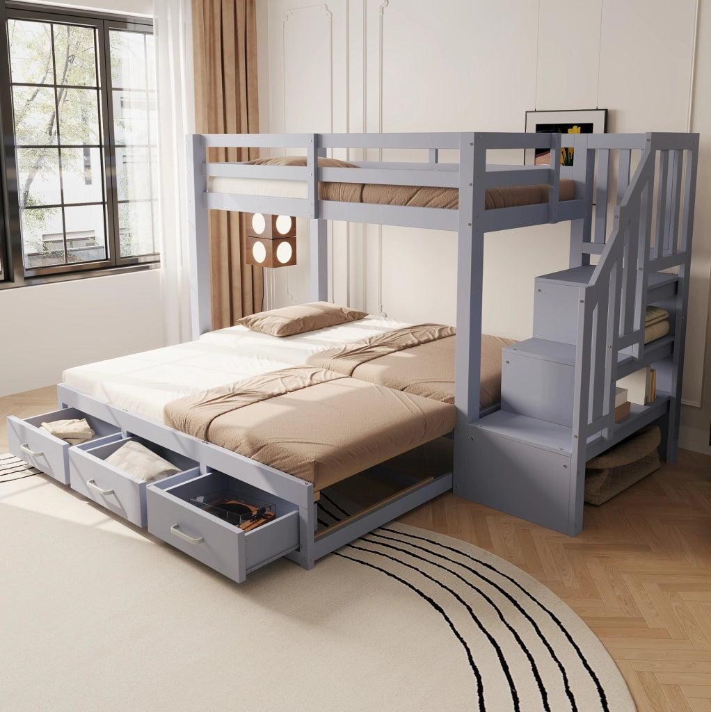 Letto a castello multifunzione con letto estraibile 90/200 cm; 3 cassetti; grigio