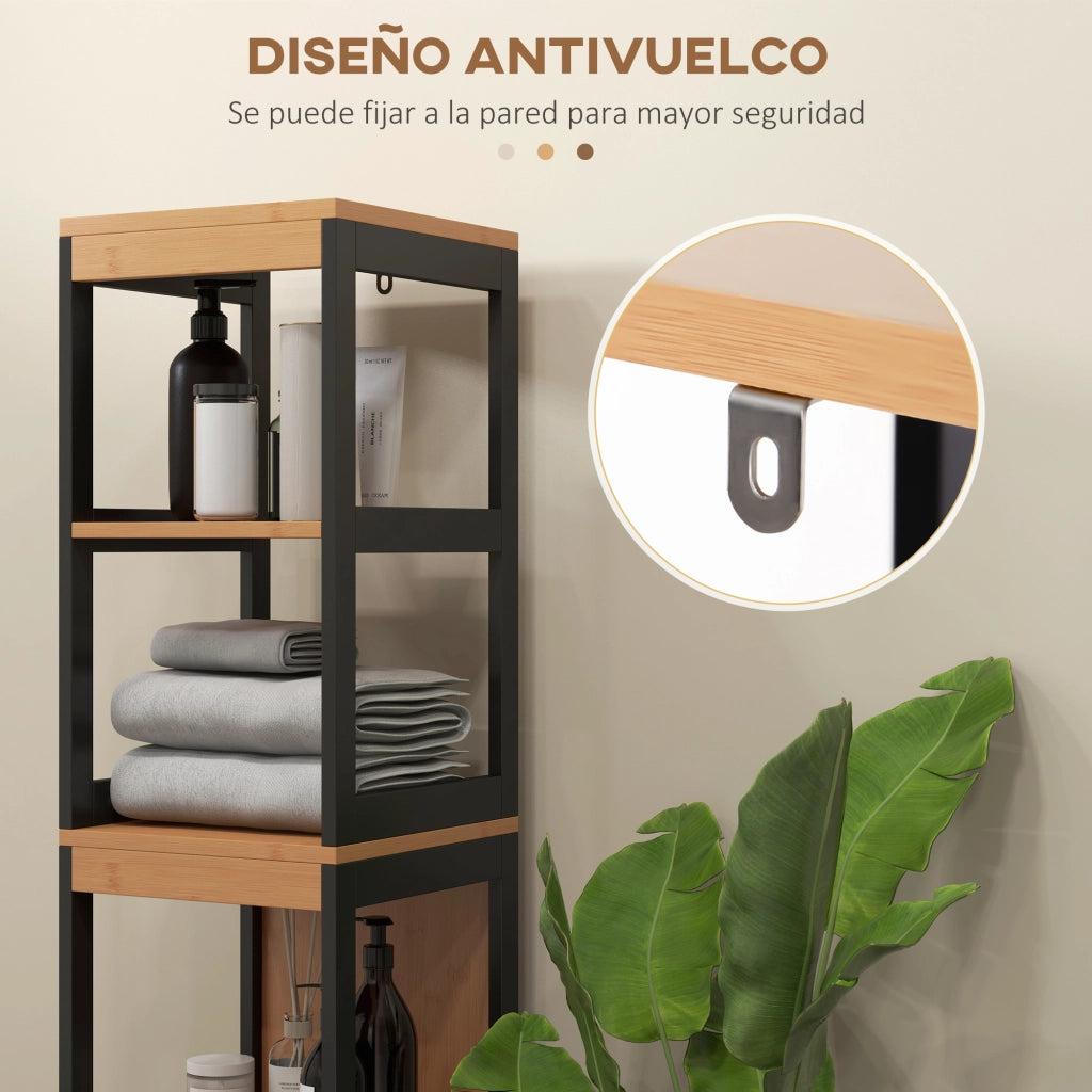 Armadio Bagno Alto con Ripiani e Cassetti ¨C Minimal ¨C 30x30x144 cm Nero e Naturale