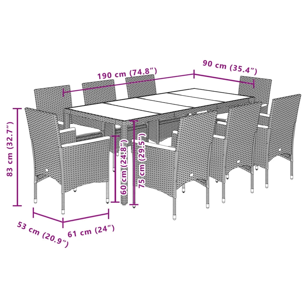 Set da Pranzo da Giardino 9 pz con Cuscini Polyrattan e Vetro 3278662