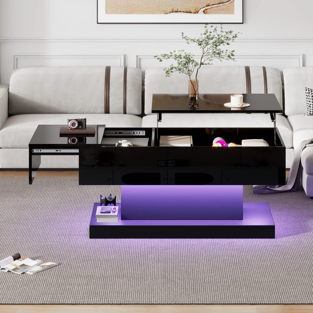 Tavolino da caffè con piano alzabile; vano contenitore e LED - per soggiorno - in truciolare - 100x50x45 cm - nero