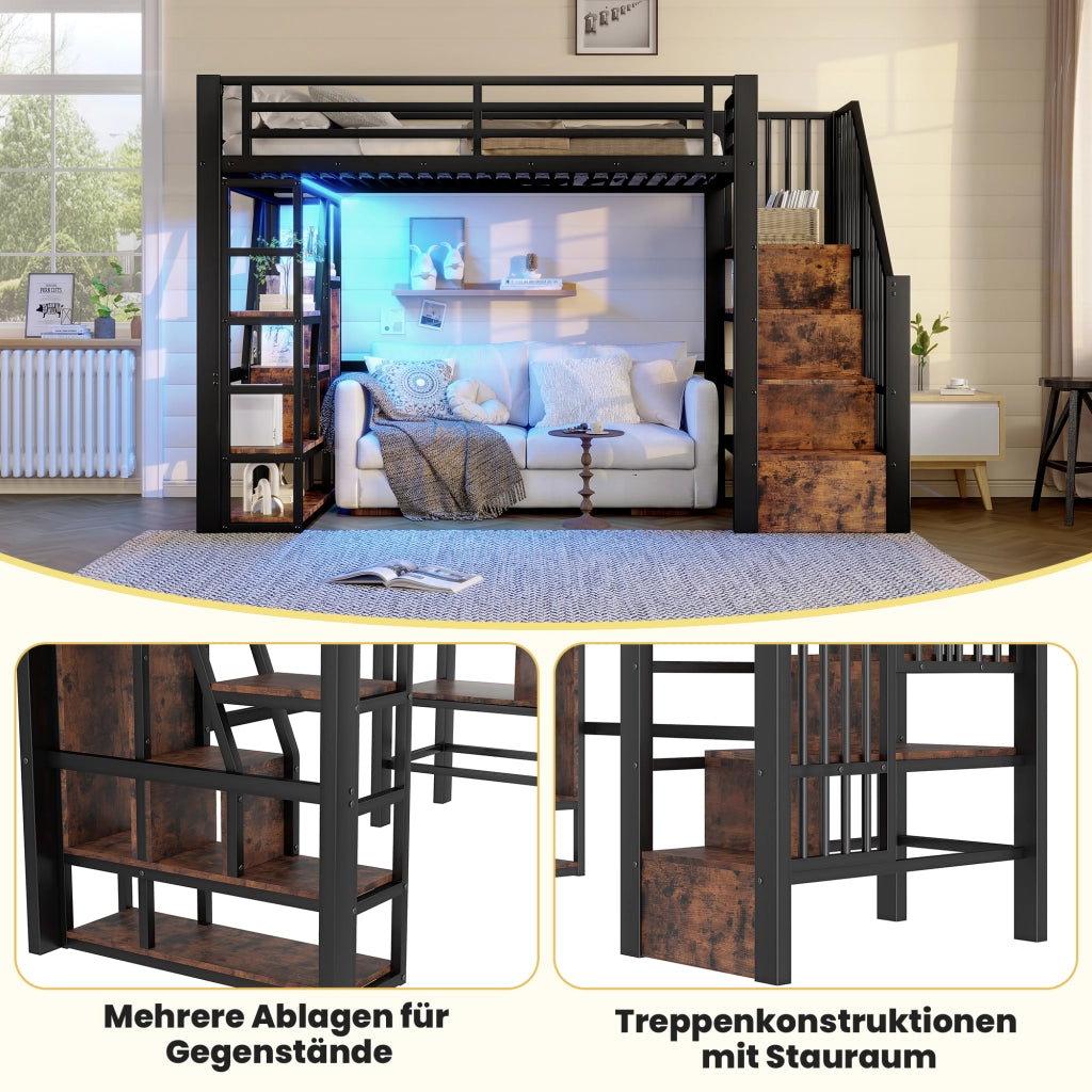 LETTO a soppalco 90x200 cm in metallo e MDF nero con scala e LED