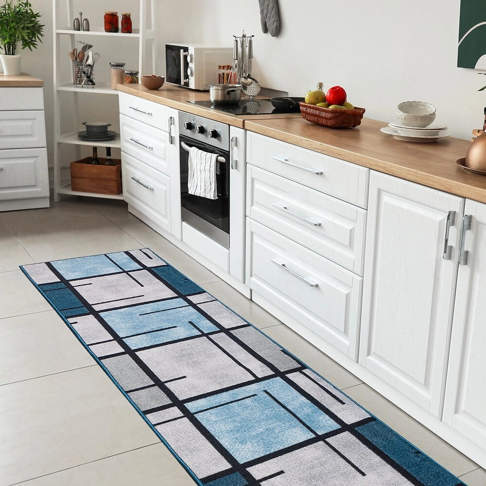 Tappeto Cucina Bordato Antiscivolo 57x280 Cm Moderno Passatoia Colori Accesi Marmorizzato Blu