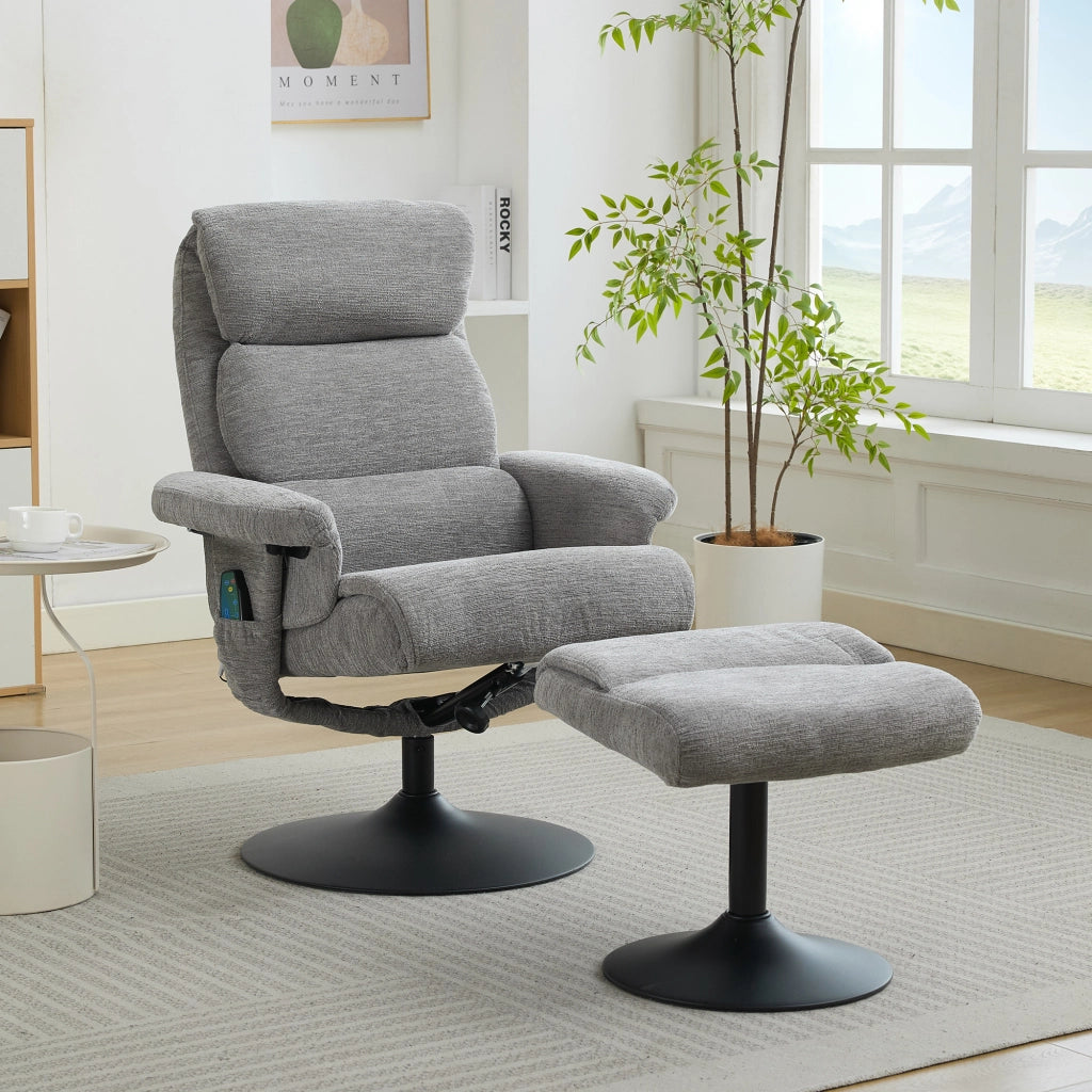 Fauteuil relax in ciniglia con massaggio a 5 punti, funzione riscaldante, girevole 360° e poggiapiedi grigio