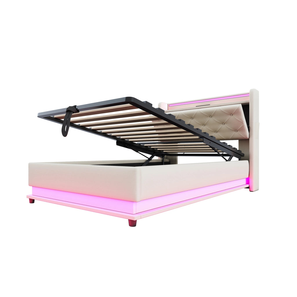LETTO Imbottito 90x200 cm Beige con LED, USB e contenitore idraulico