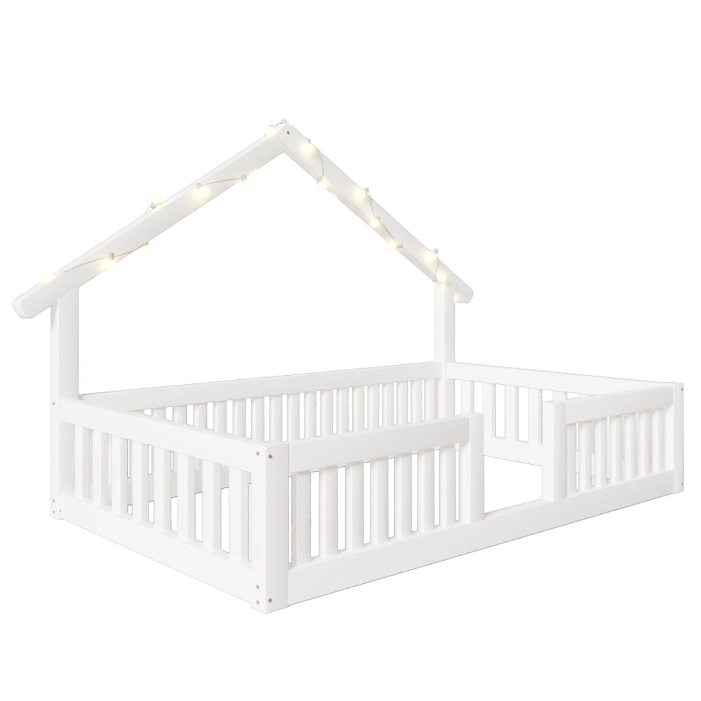 Letto a casetta 90x200 cm con parapetti di sicurezza; protezione perimetrale e ghirlanda LED; pino e MDF; bianco