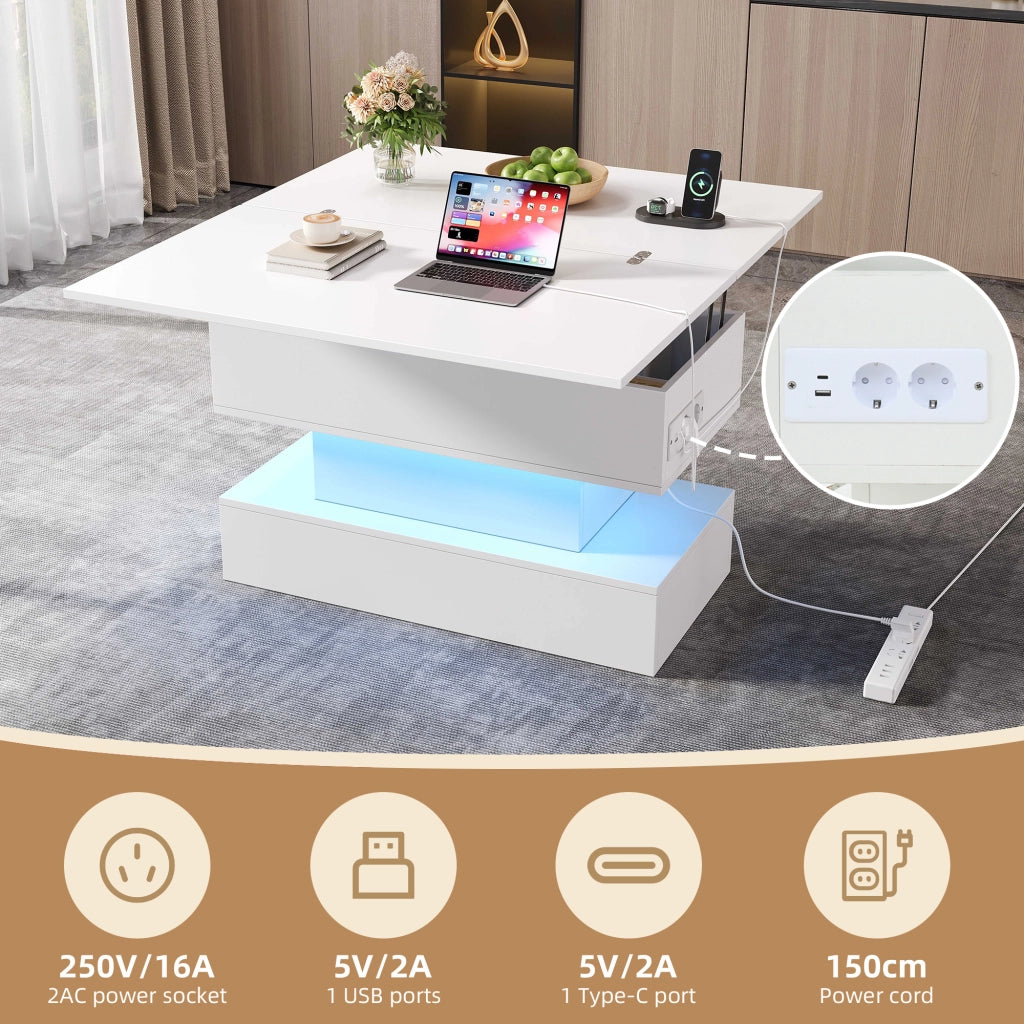 Tavolino da caffè alzabile con LED e vano contenitore - per soggiorno - in truciolare - 100x50x51.5 cm - bianco