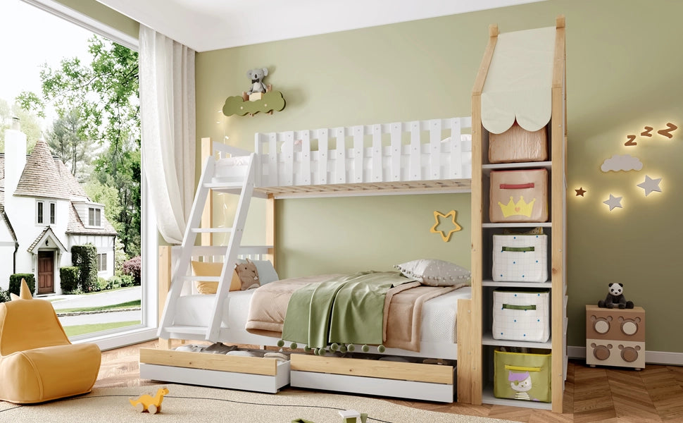 DESMIU Letto a castello per bambini 90 × 200 cm e 140 × 200 cm con contenitori, senza materasso, bianco naturale