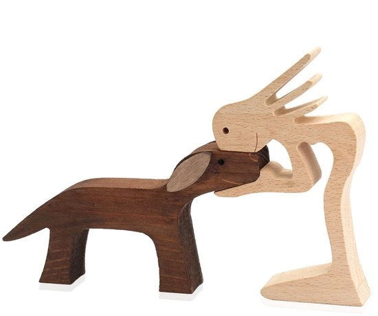 Set di decorazioni in legno, sculture e ornamenti, stile abstracto di figure umane con cani, lavorazione del legno di cani per la casa, ufficio, camera da letto (donna e cane)