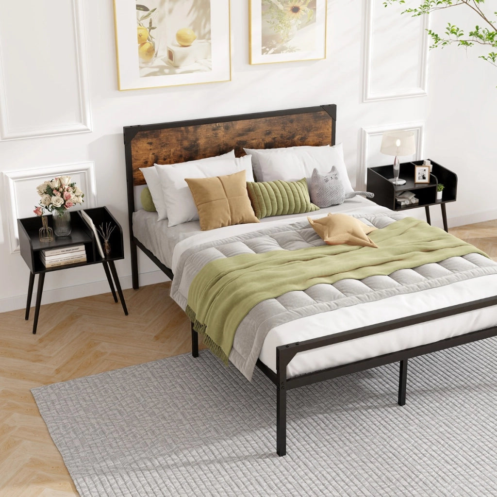 Set di 2 Comodini in stile moderno semplice ma pratico, Tavolini a 2 piani con mensole aperte Nero-Comodini