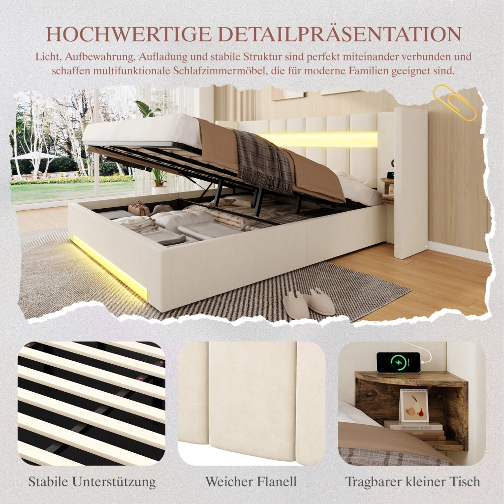 DESMIU Letto contenitore 180 × 200 cm 2 posti con USB, LED, vani portaoggetti, senza materasso, in velluto, beige