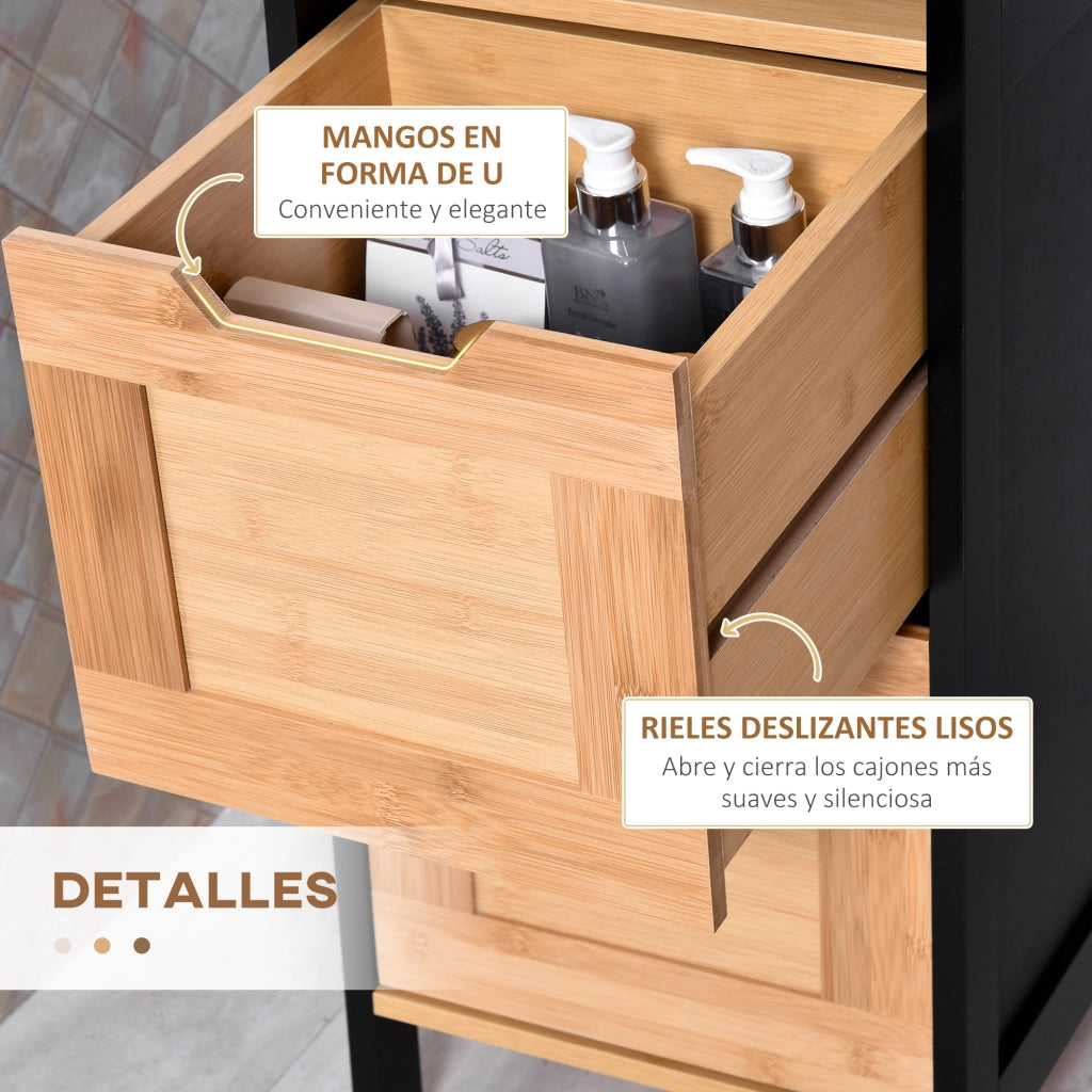Armadio Bagno Alto con Ripiani e Cassetti ¨C Minimal ¨C 30x30x144 cm Nero e Naturale