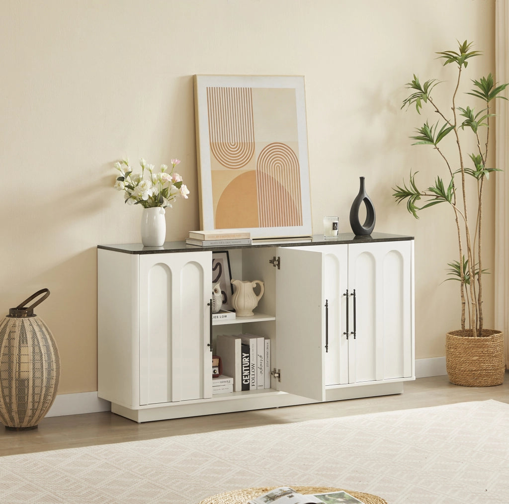 Sideboard con frontale ad arco 160 cm in MDF bianco e nero; con 4 ante e chiusura soft-close