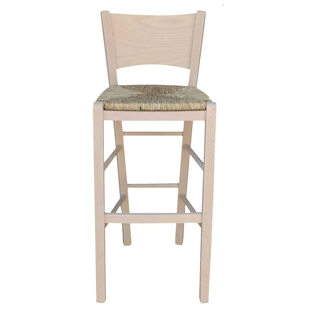 Sgabello alto da bar Lucy h 73 cm in legno grezzo con seduta in paglia