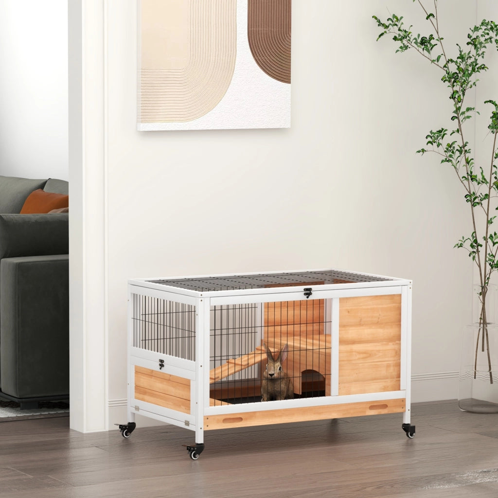 Casetta Interna per Conigli e Porcellini d'India in Legno con Coperchio Apriporta e Rotelle ¨C Minimal ¨C Giallo e Bianco 90x53x59 cm