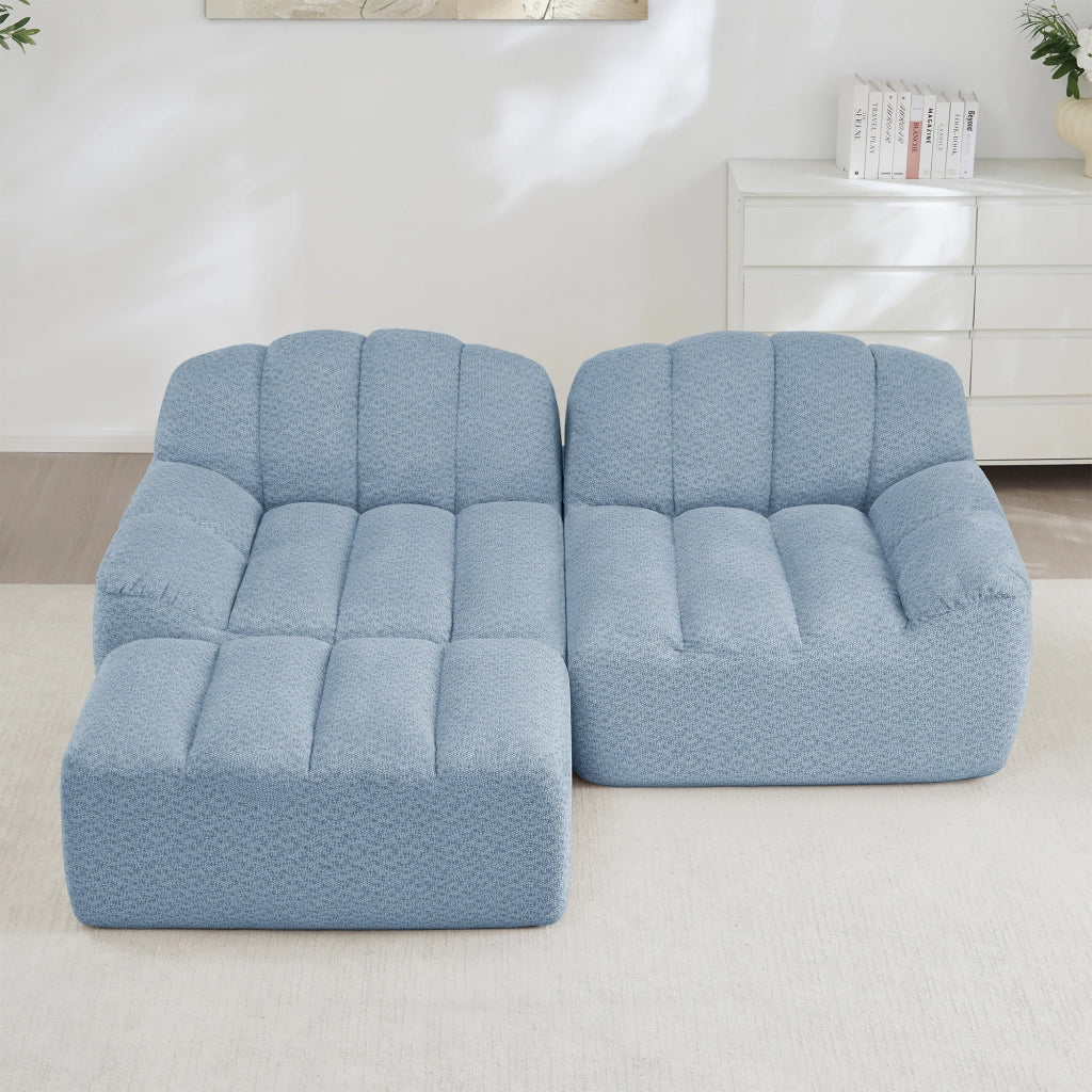 Divano modulare angolare 2 posti - con pouf e seduta ampia - in pile granulato blu