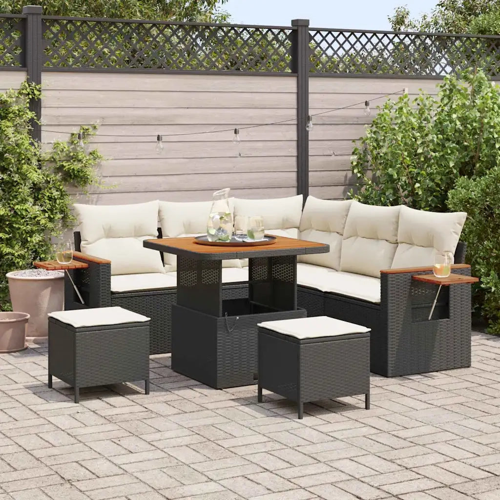Set Divano da Giardino 9 pcs Nero e Crema polyrattan