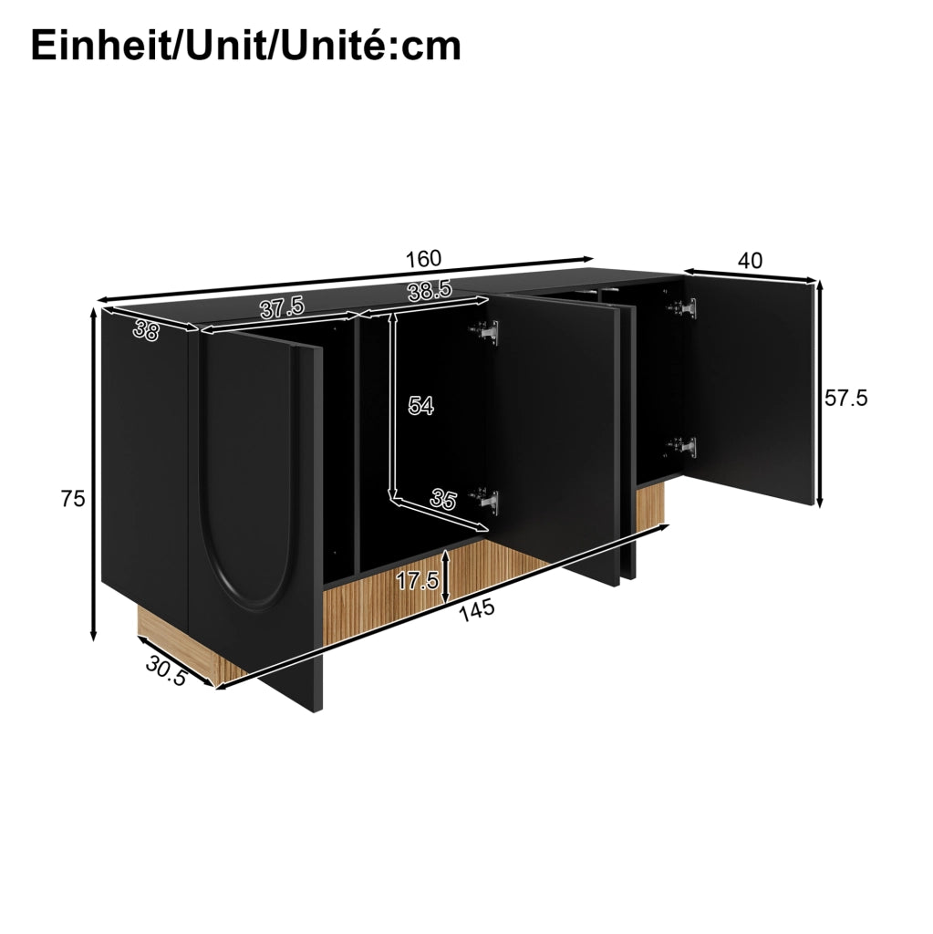 Credenza 160x38x75 cm con 4 ante e ampio spazio contenitivo in truciolare nero e naturale