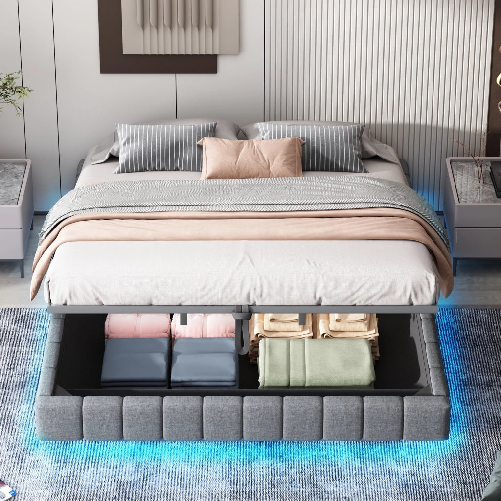 Letto matrimoniale imbottito fluttuante senza testiera; LED e contenitore a gas; lino grigio; 180x200 cm; senza materasso