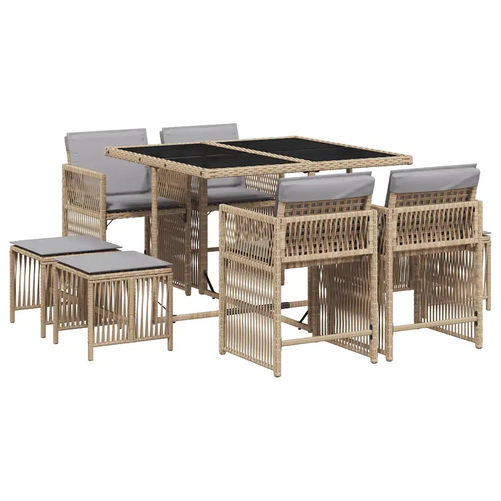 Set Pranzo da Giardino 9 pz con Cuscini Beige Misto Polyrattan