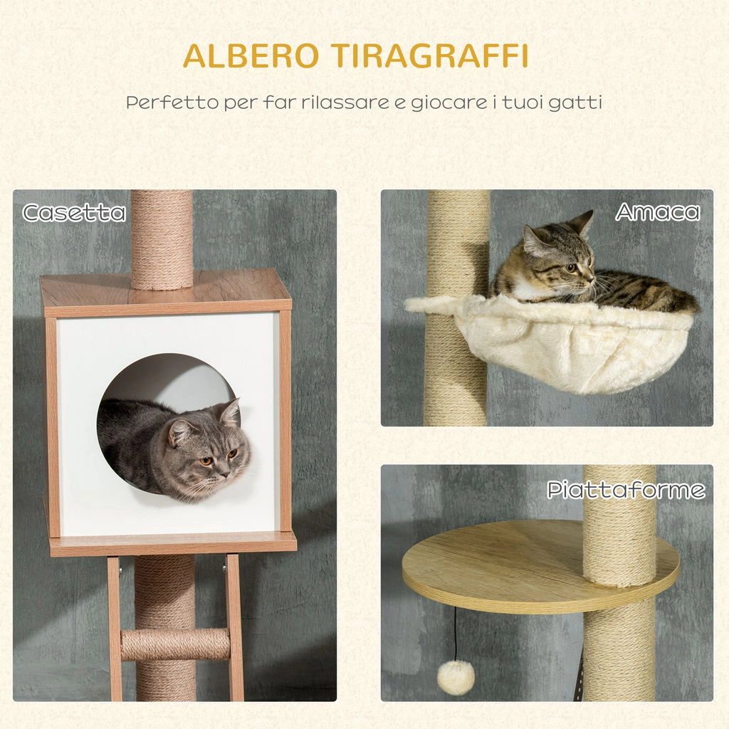 ALBERO PER GATTI IN TRUCIOLATO AD ALTEZZA REGOLABILE CON TIRAGRAFFI, CASETTA, AMACA E PALLINA, 40X40X225-285 CM