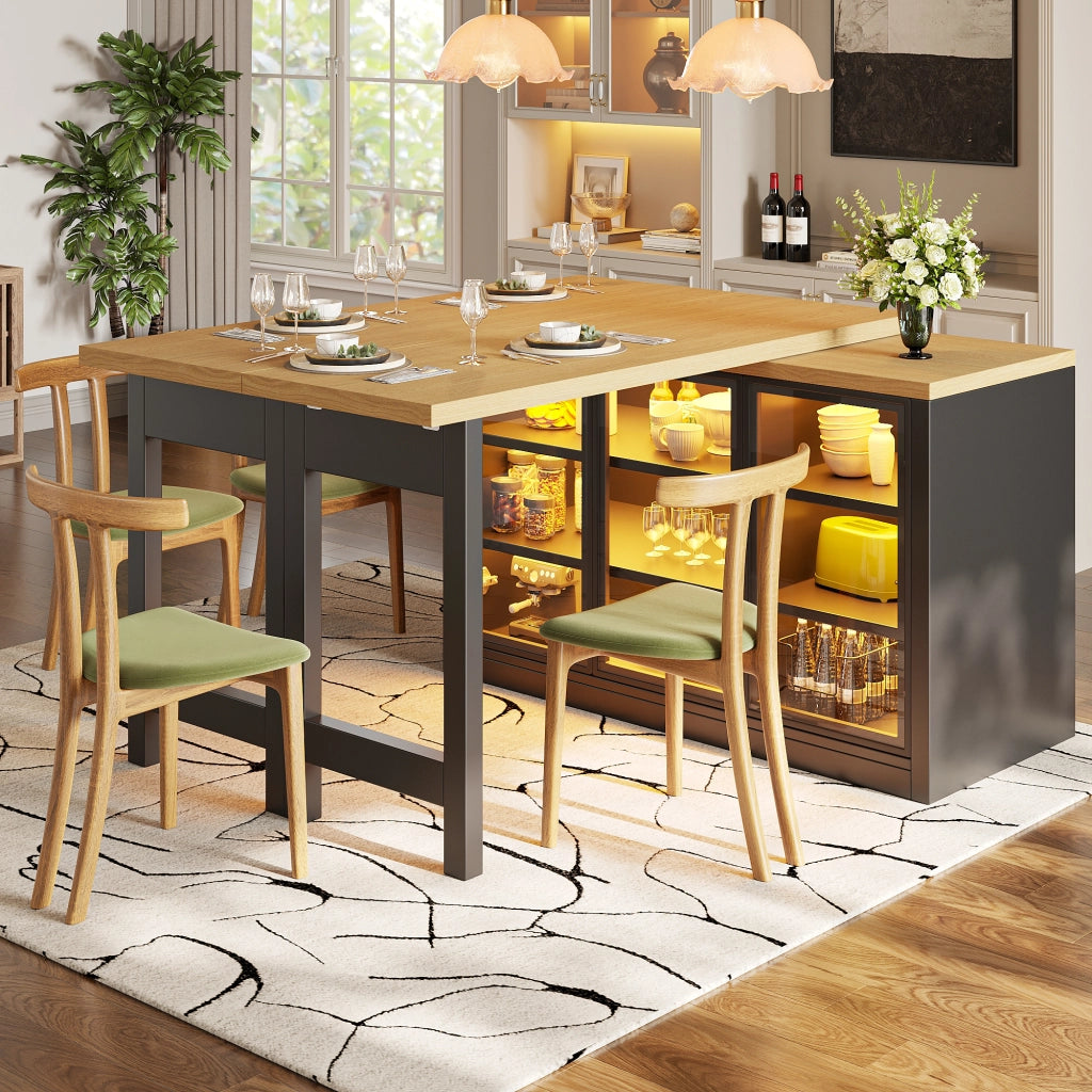 Tavolo allungabile con mobile laterale, LED e piano girevole a 360° per cucina, in MDF e vetro, nero, 120 × 40 × 72 cm
