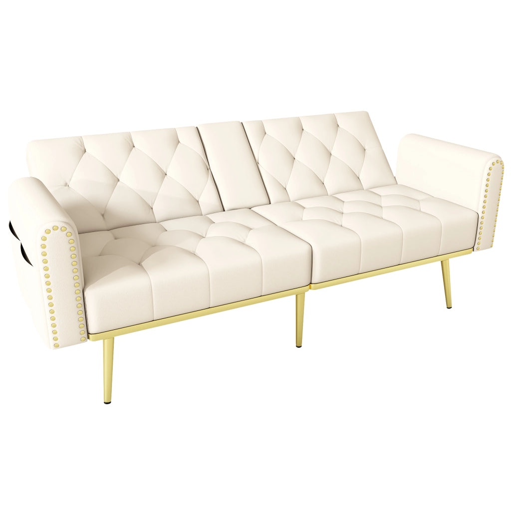 Divano letto multifunzionale in velluto beige 2 posti con schienale regolabile e portabicchieri