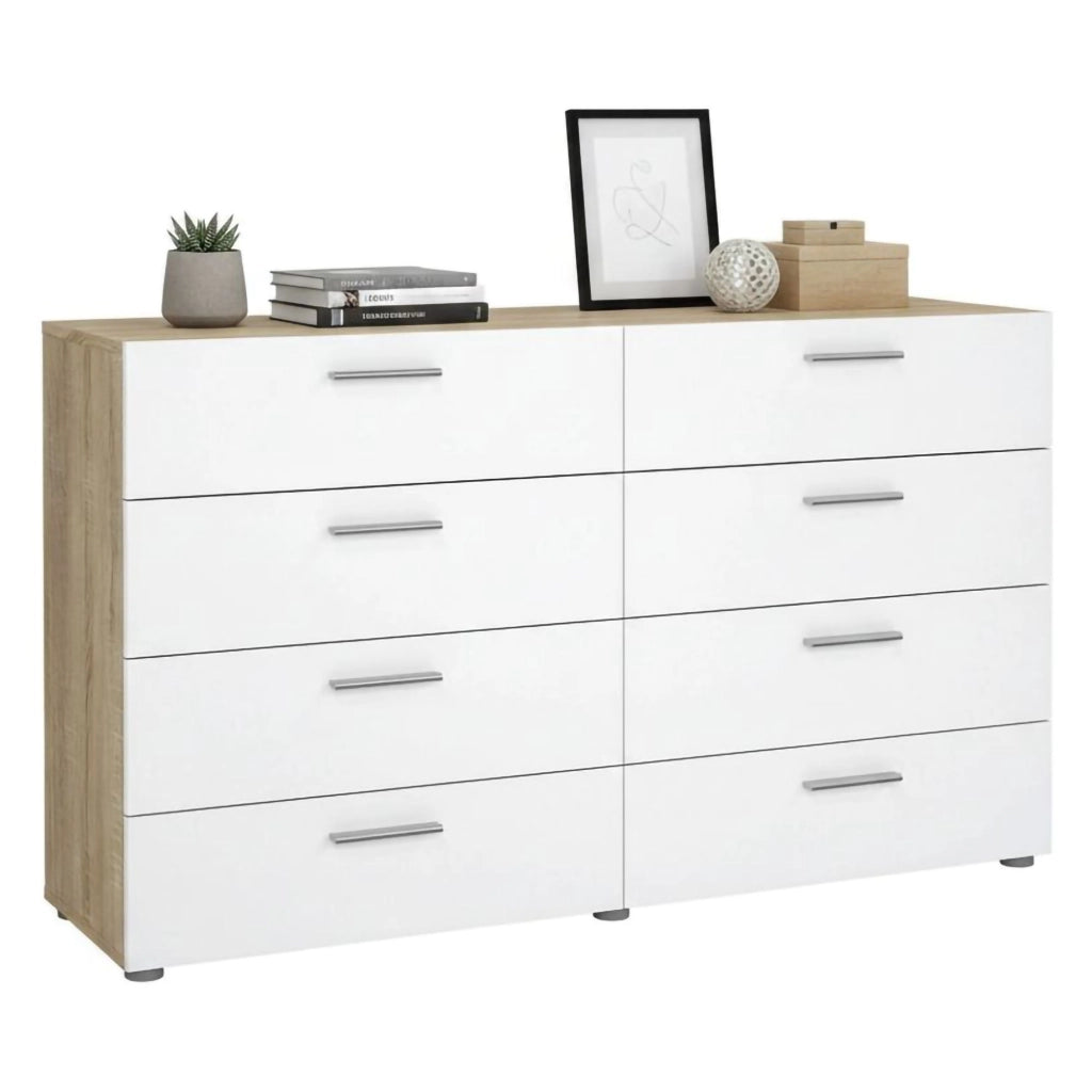 Credenza Phethai, Buffet da soggiorno, Madia da salotto, Dispensa da cucina, 140x40 h82 cm, Quercia e Bianco lucido