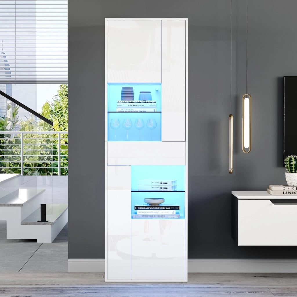 Vetrina 55x38x170 cm con LED e 1 cassetto in truciolato bianco