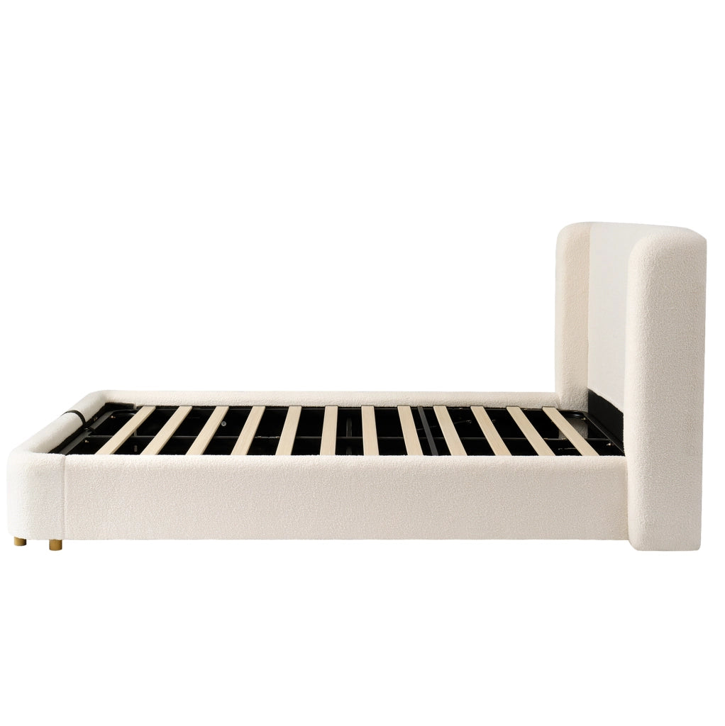 Letto matrimoniale contenitore in bouclé beige con rete e apertura idraulica