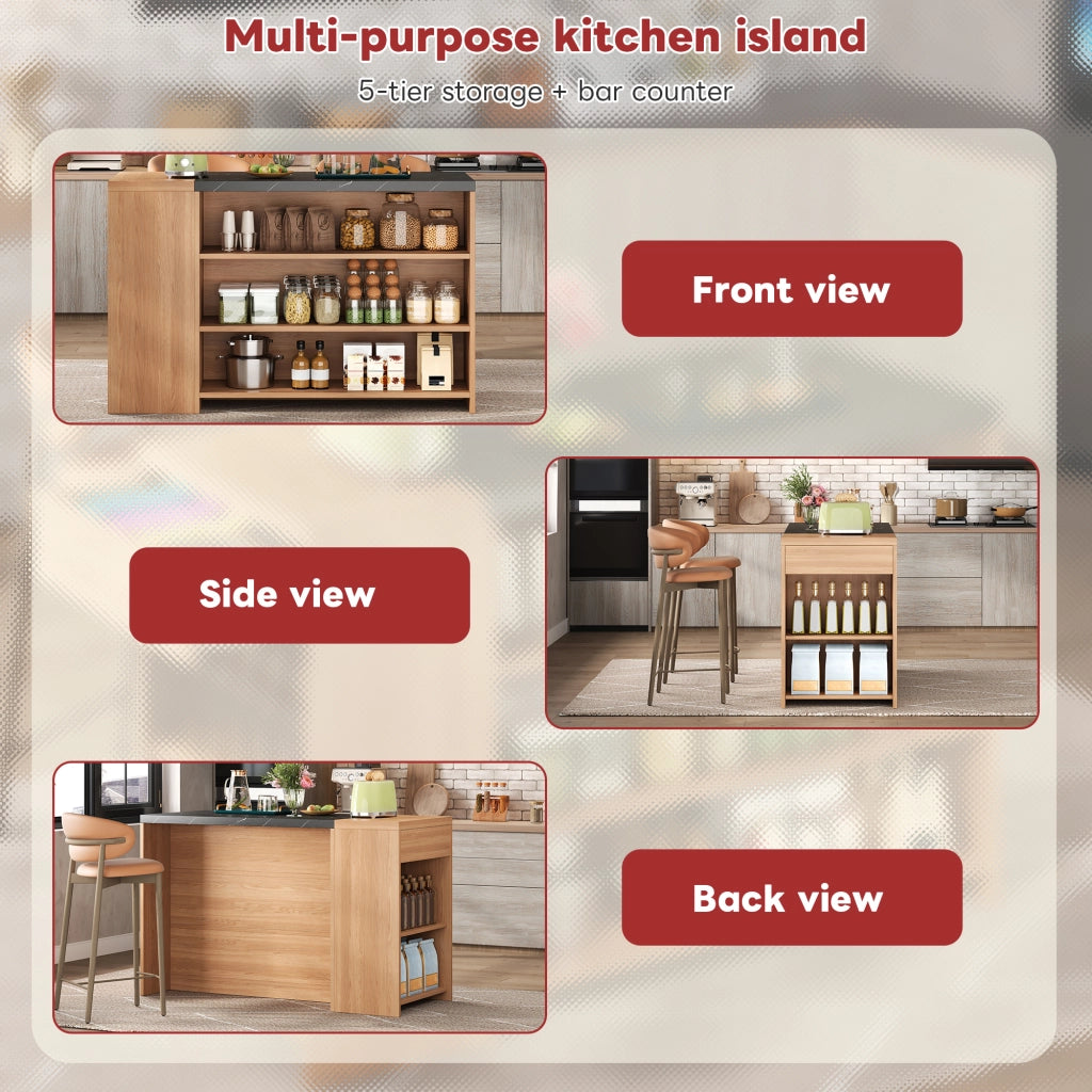 Tavolo da pranzo con ripiani e cassetto nascosto in MDF effetto marmo nero e rovere 140 × 60 × 90 cm