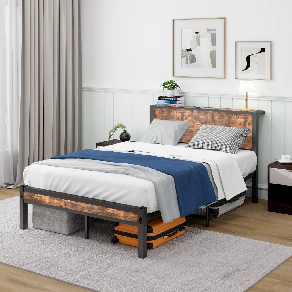 Letto singolo 120 × 200 cm con testiera; rete a 13 doghe e vano sottoletto da 27 cm in MDF e metallo marrone antico