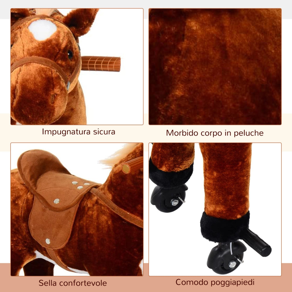 Cavallo a Dondolo per Bambini con Rotelle e Suoni ¨C zephmum ¨C Marrone 65x28x75 cm