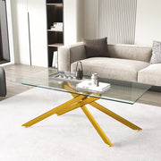 Tavolino da salotto rettangolare in vetro temperato con struttura metallica dorata, 120x60x46 cm