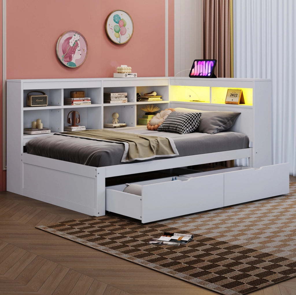 Letto 90x200 cm con contenitori; cassetti; USB e LED in legno