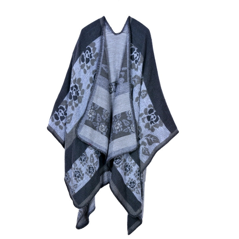 Sciarpa/mantella/cappotto/foulard reversibile da donna in cashmere caldo e spesso con stampa floreale per autunno/inverno