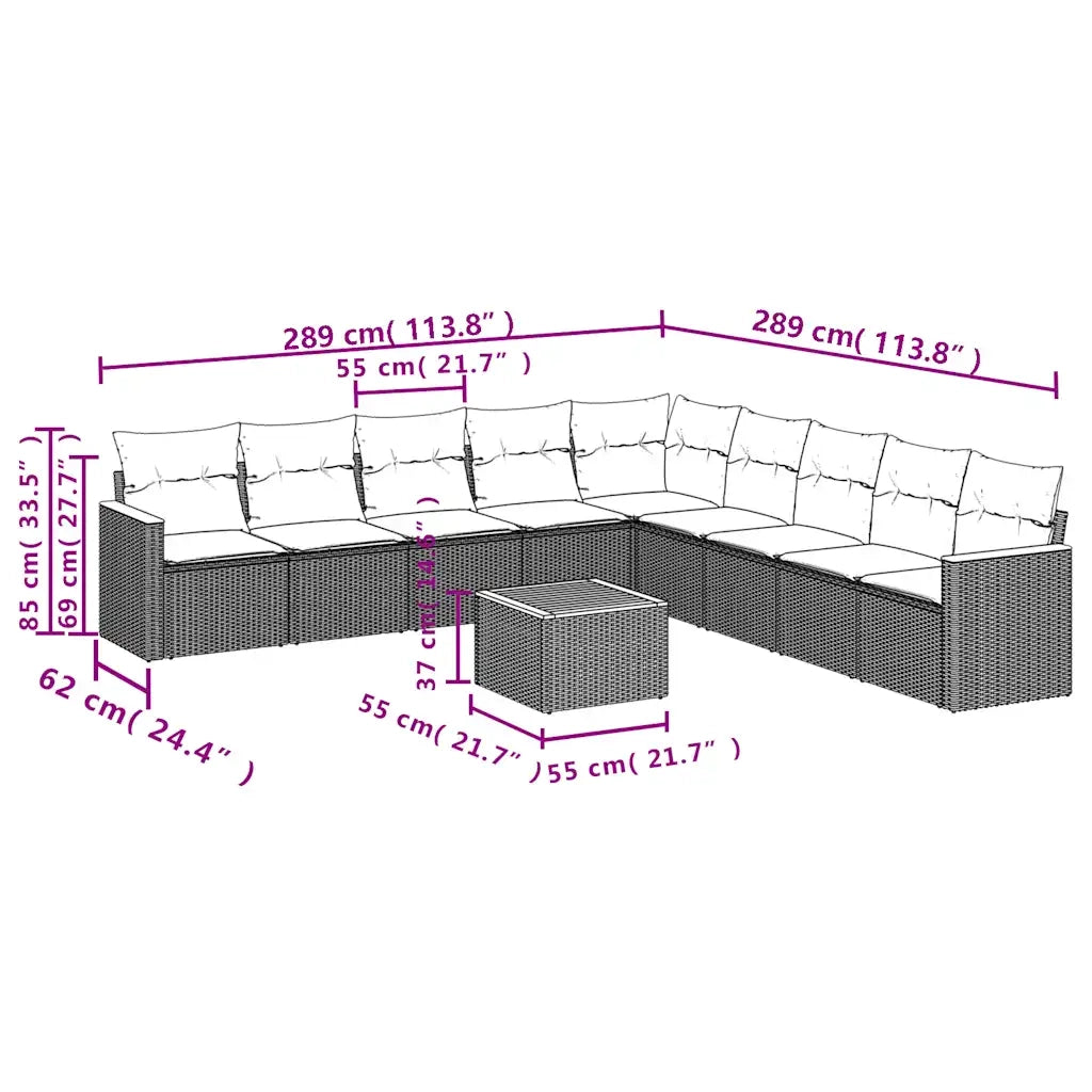 Set Divani da Giardino 10 pz con Cuscini Nero in Polyrattan 3226064