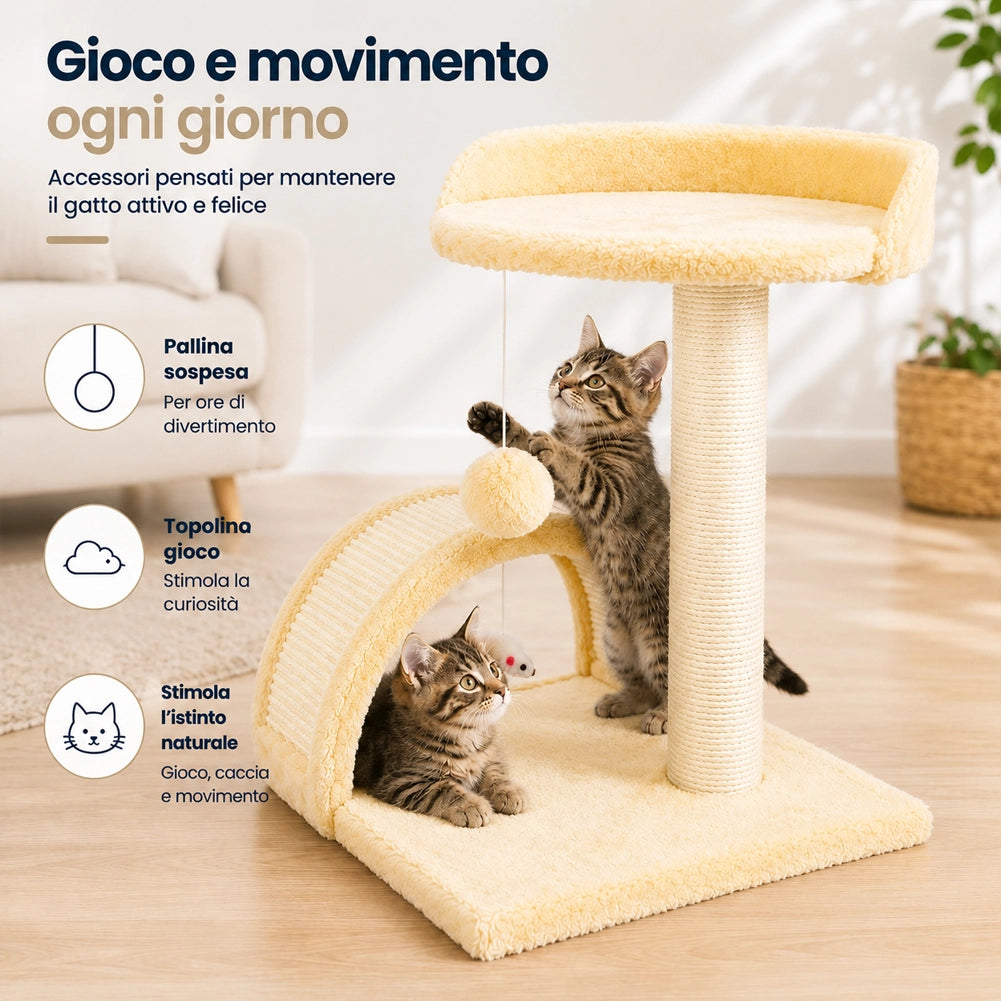Tiragraffi Per Gatti Beige Con Gioco Pallina Palo 50cm Topolino Tunnel Soffice