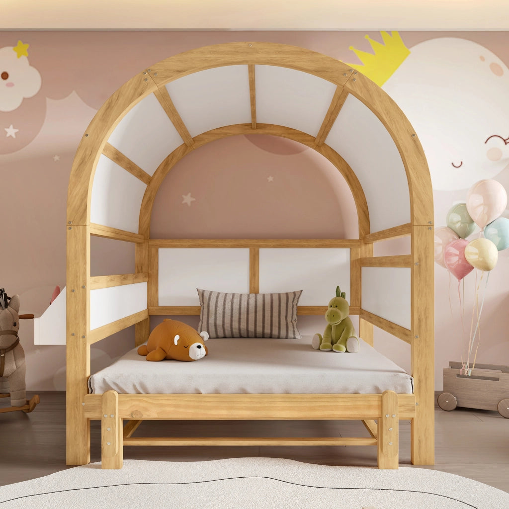 Letto a baldacchino estraibile legno massello e MDF bianco naturale 140x200 cm