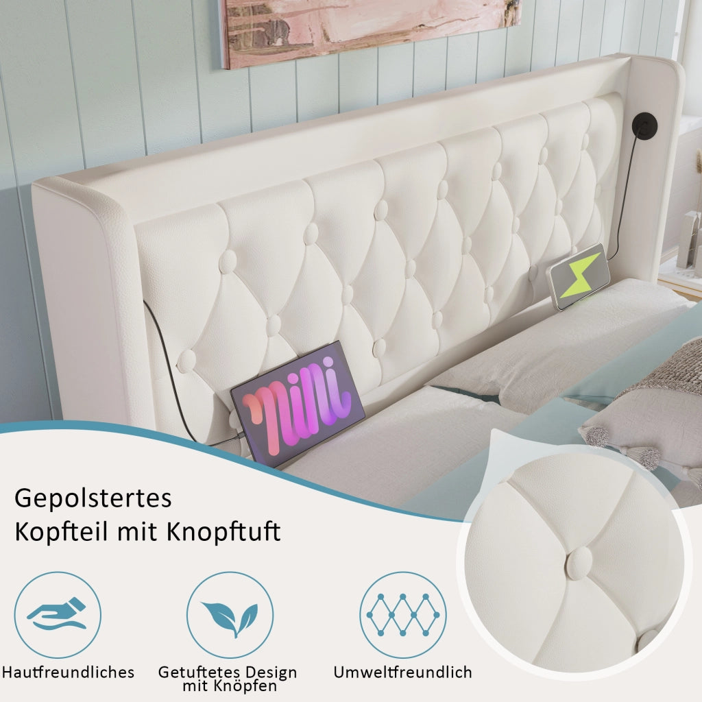Letto contenitore matrimoniale 140×200 cm con LED; USB Type-C; testiera imbottita; materasso incluso; PU; bianco