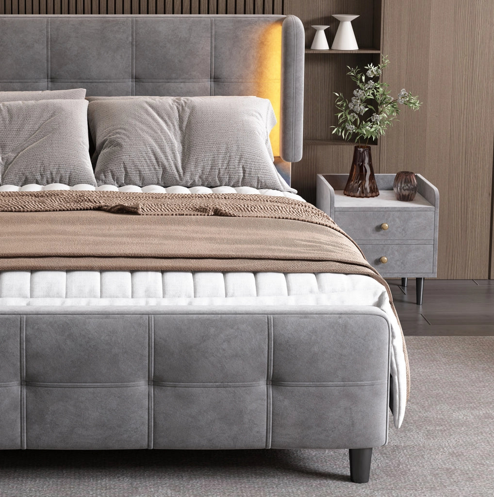 Letto matrimoniale imbottito in velluto con LED a 16 colori e testiera regolabile