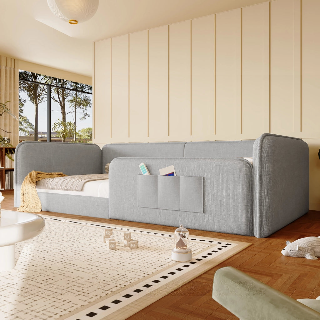 DESMIU Lit simple 90 × 200 cm con tasche portaoggetti, senza materasso, in lino, grigio