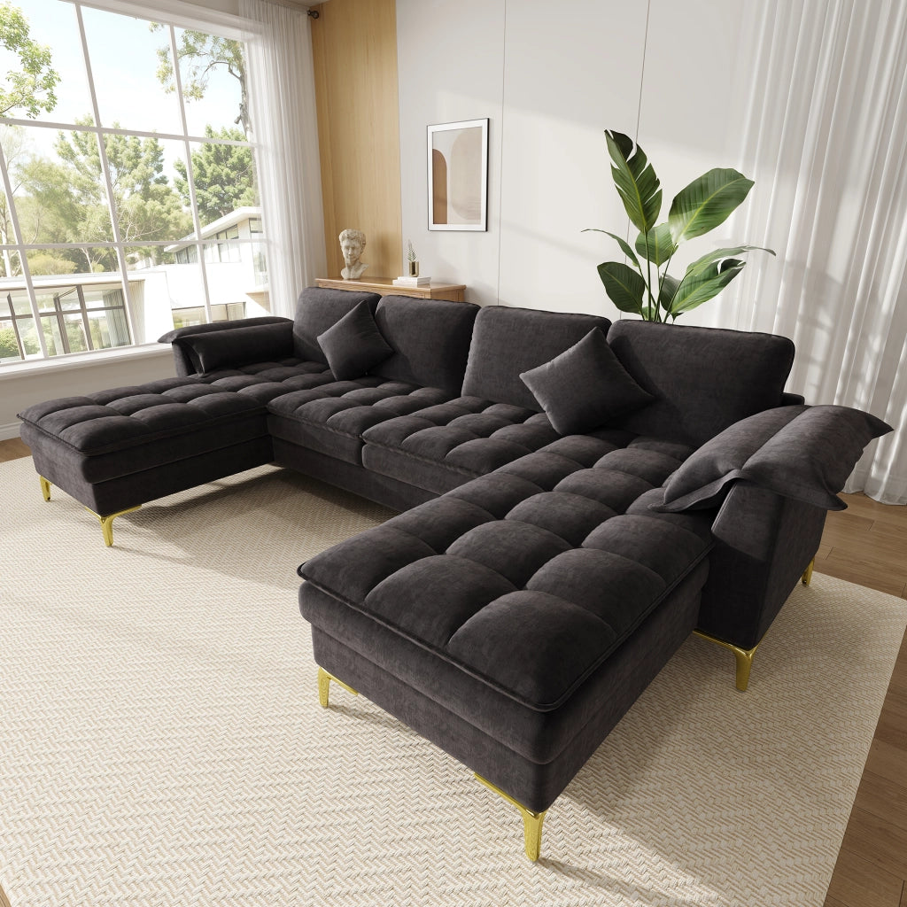 Divano angolare modulare a U 4-5 posti - con 2 chaise longue e cuscini - in chenille nero