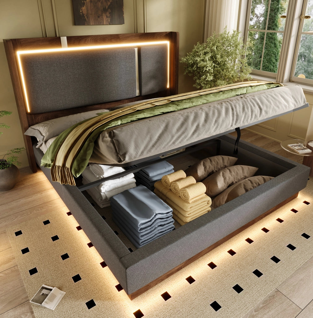 Letto matrimoniale imbottito 180x200 cm con LED e vano contenitore